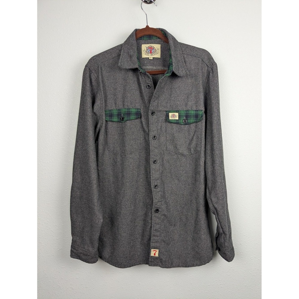 Button Front Shirt 7 Seas Brewing Mens XL Gray Plaid Trim Wool Blend Long Sleeve